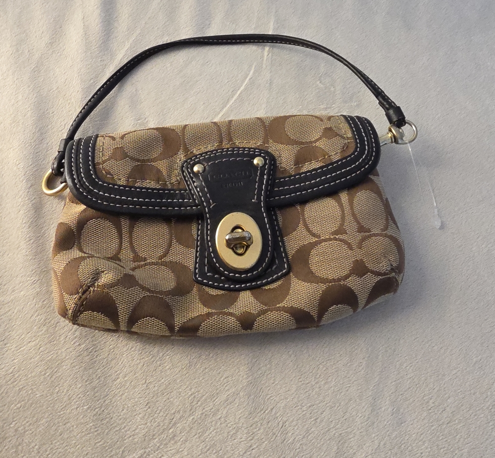 Coach Tan & Dark Brown Signature Canvas Turnlock Wristlet